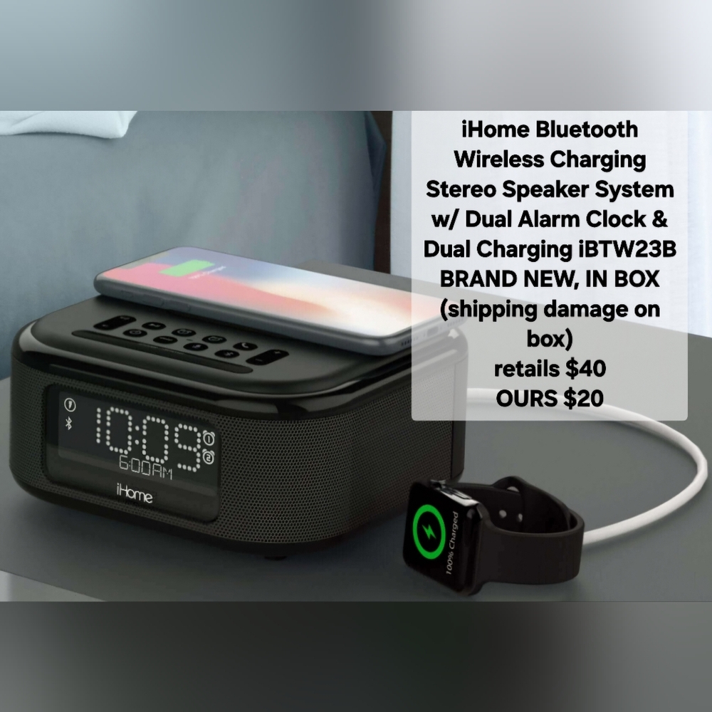 iHome Bluetooth Wireless Charging Stereo Speaker System w/ Dual Alarm Clock